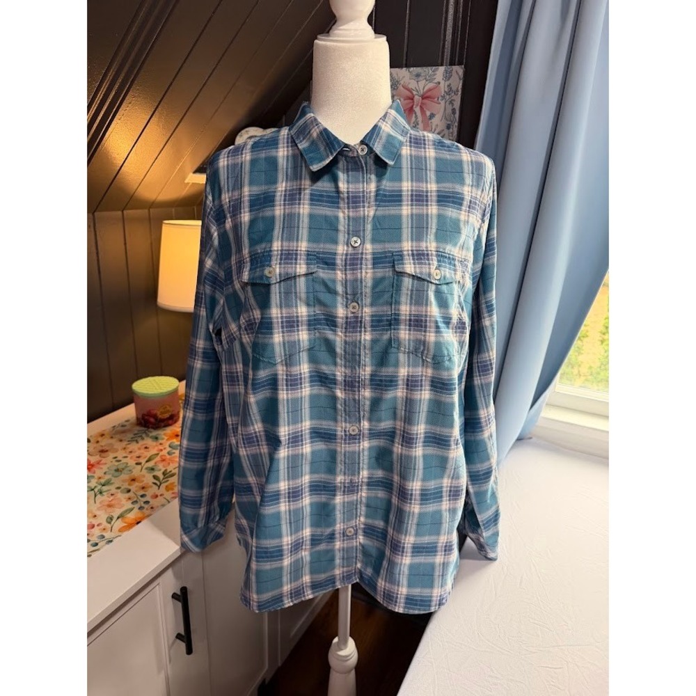 Eddie Bauer Womens Blue Plaid Hiking Shirt Long Sleeve Button Up Mesh Back L